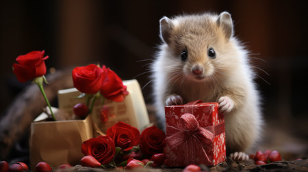 Hamster with a gift box and roses on a wooden background.の素材