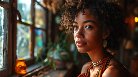 Portrait of a beautiful african american woman with curly hair.の素材