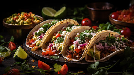 Traditional mexican tacos with meat, vegetables and guacamoleの素材