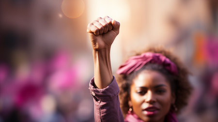 Portrait of a black woman raising her fist in the street.の素材