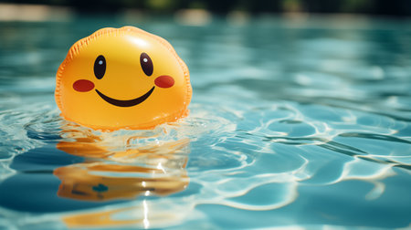Smiling face floating in swimming pool, close-up view.の素材