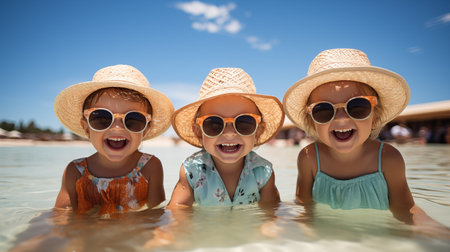 Adorable little girls have fun at the beach during summer vacation.の素材