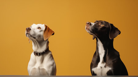 Two dogs looking up at each other on a yellow background. Studio shot.の素材