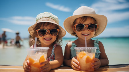 cute little girls drinking fresh lemonade at beach during summer vacationの素材