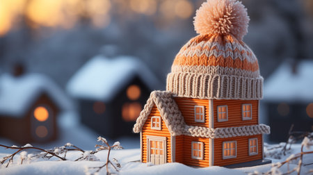 Winter cottage in the snow at sunset. Christmas and New Year concept.の素材