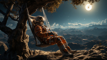 Astronaut sitting on a swing. Mixed media. Mixed mediaの素材