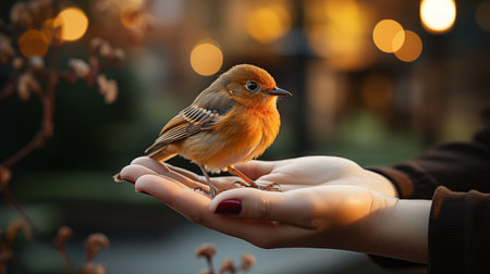 Female hand holding beautiful bird on blurred background, closeup. Space for textの素材