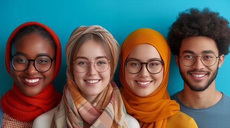 Group of young multiethnic people wearing headscarf and glassesの素材