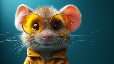 Cute little rat with glasses on a blue background. Close-up.の素材