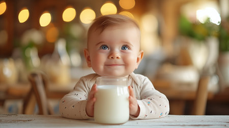 Cute baby boy with glass of milk in cafe, closeupの素材