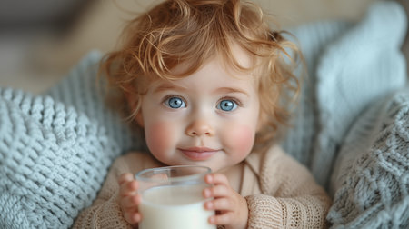 Portrait of a cute little girl with a glass of milk at homeの素材