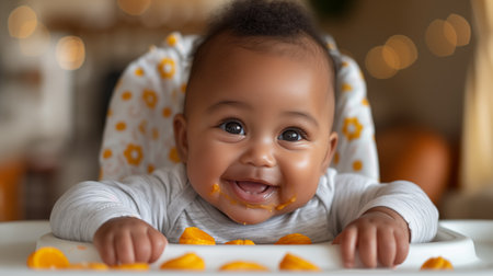 Portrait of a cute african american baby boy eating orange pureeの素材