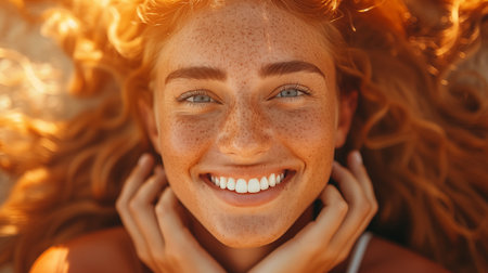 Close-up portrait of a beautiful red-haired girl with freckles on her faceの素材