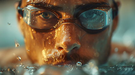 Close-up portrait of a man in a swimming pool with splashes of water.の素材