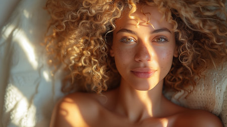 Close up portrait of a beautiful young woman with curly hair lying in bedの素材