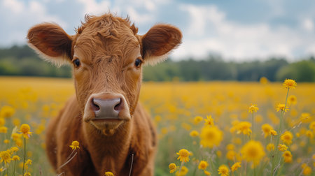 Cow in a yellow flower meadow. Close-up of the head of a cow on a background of yellow flowers.の素材