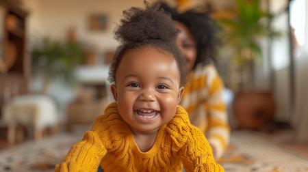 happy african american mother with little baby in yellow sweater at homeの素材