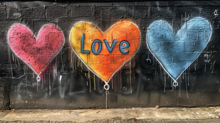 Graffiti on the wall of a building with the word love painted in bright colorsの素材
