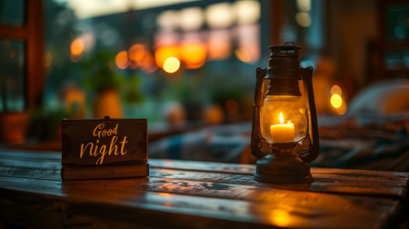 Inscription Good night and a lantern on a wooden table in a restaurantの素材