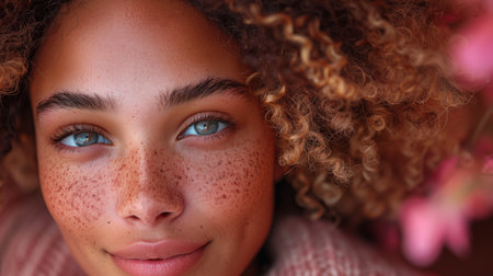 Portrait of a beautiful young woman with curly hair and frecklesの素材