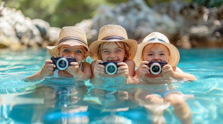Adorable little girls playing with camera in swimming pool on summer vacationの素材