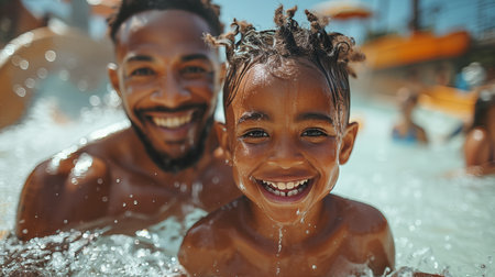 Happy african american father and son having fun in swimming poolの素材