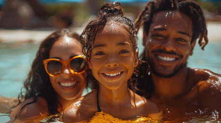 happy african american family in sunglasses smiling at camera in swimming poolの素材