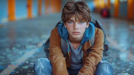 Portrait of a boy sitting on the floor in an abandoned buildingの素材