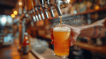 Male hand pouring beer into a pint at the bar counter in pubの素材