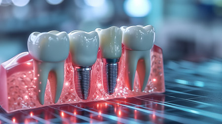 Tooth implant with dental false teeth. 3d render and illustration.の素材
