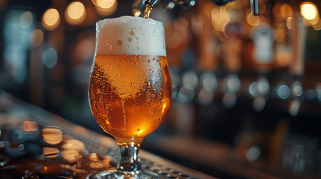 Beer is poured into a glass on the background of the bar.の素材