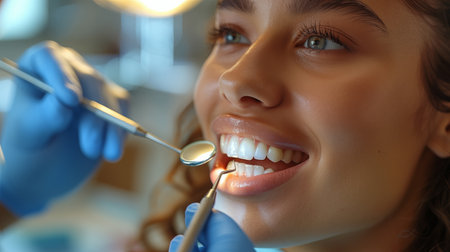 Dentist examining patient teeth at dental clinic. Dentistry concept.の素材