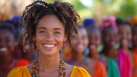 Portrait of beautiful young woman with afro hairstyle smiling at cameraの素材