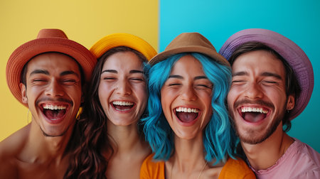 Group of happy young people with colorful hair laughing on colorful background.の素材