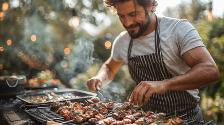 bearded man in apron grilling meat on barbecue grill outdoorsの素材