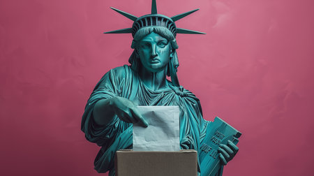 Statue of liberty with ballot box on pink background. Voting conceptの素材