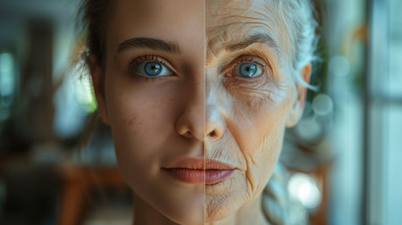 Woman face young to old. Close upの素材