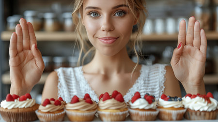 Beautiful young woman holding delicious cupcakes in cafe, closeupの素材