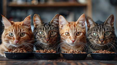 Group of cats with bowls of food on wooden table, closeupの素材