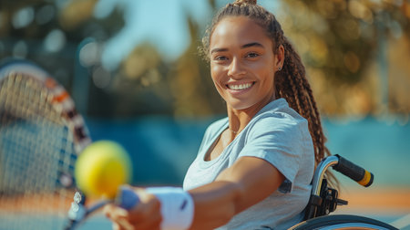 Portrait of a smiling female tennis player sitting on a wheelchairの素材