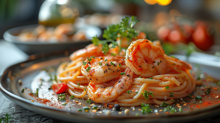 Spaghetti with shrimps and tomato sauce on plate, closeupの素材