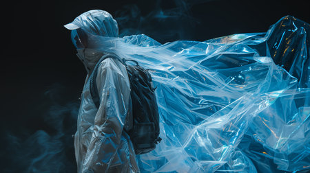 Young woman in protective suit and respirator standing in plastic bag on black backgroundの素材