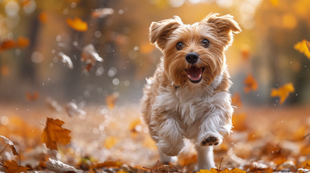 Yorkshire Terrier running in the autumn park with fallen leaves.の素材