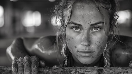 Portrait of a beautiful young woman with dirty face, black and whiteの素材