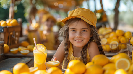 Cute little girl with long braided hair in a yellow hat and glasses of fresh lemonade. Selective focus.の素材