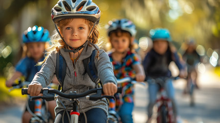 Group of children riding bicycles in park. Selective focus on boyの素材