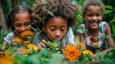 Portrait of smiling african american kids looking at flower in gardenの素材