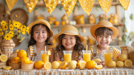 Cute little children drinking juice at tableの素材