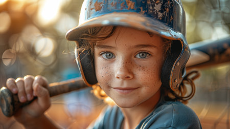 Portrait of a cute little boy in a baseball helmet with a baseball bat.の素材