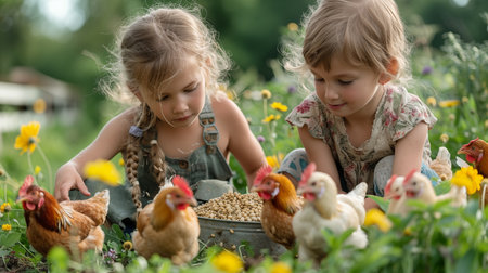 Two cute little girls playing with chickens in the garden. Selective focus.の素材